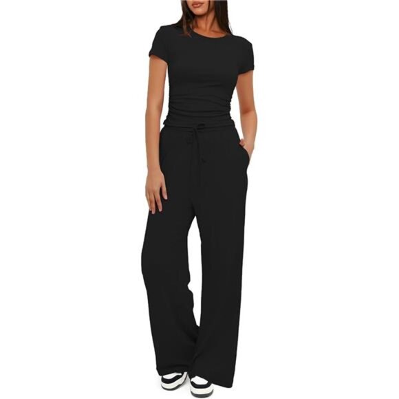 Women´s 2-Piece Lounge Set: Ruched Top & Wide-Leg Pants